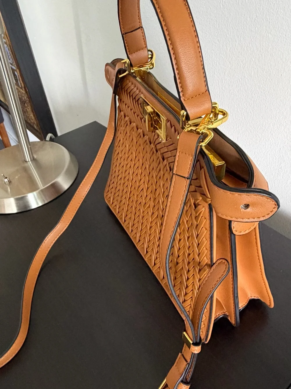 Verano Hill Woven Leather Satchel Handbag in Tan with Gold Hardware
